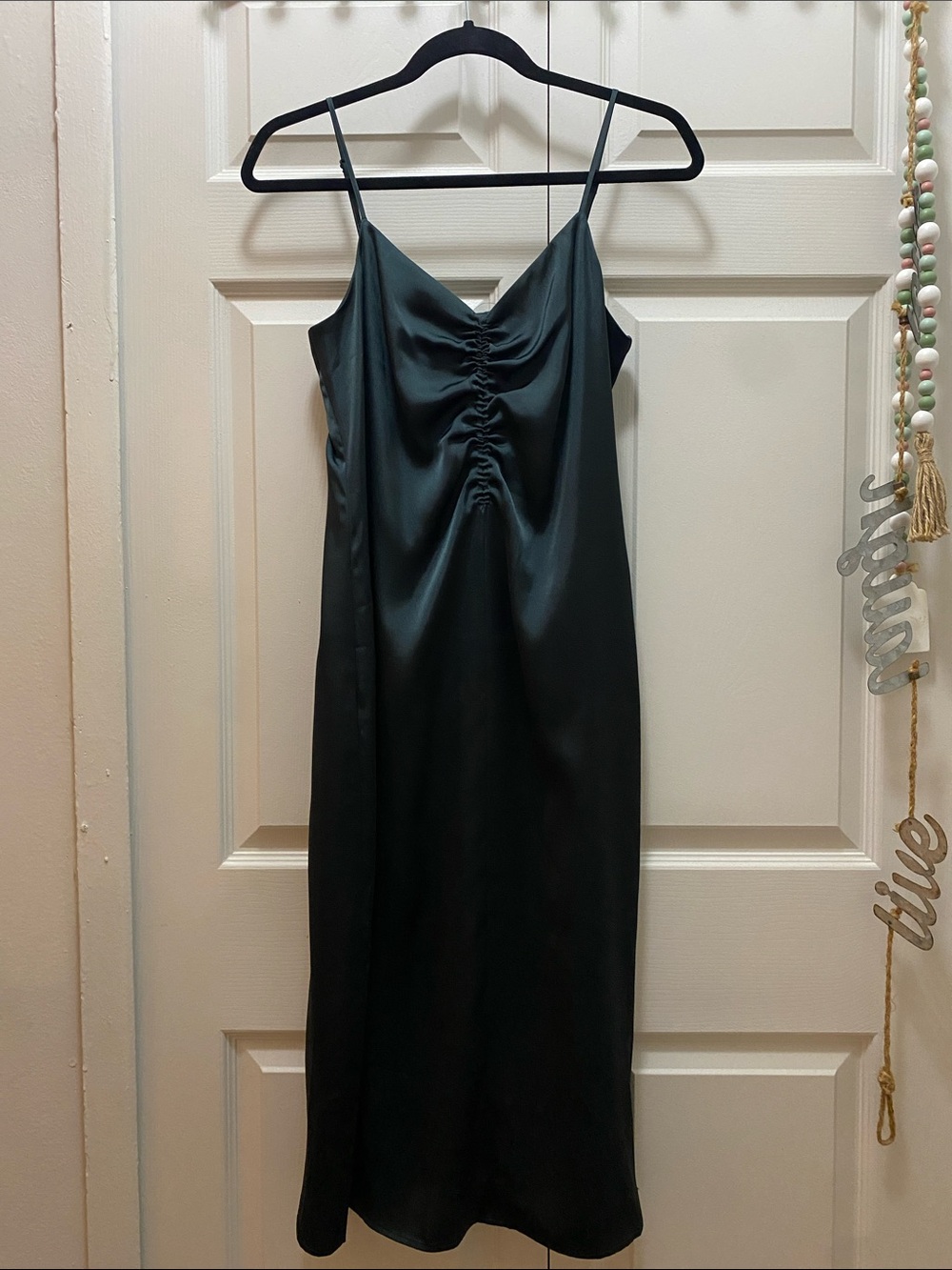 Express Hunter Green Satin Ruched Front Midi Slip Dress - Size Small Petite